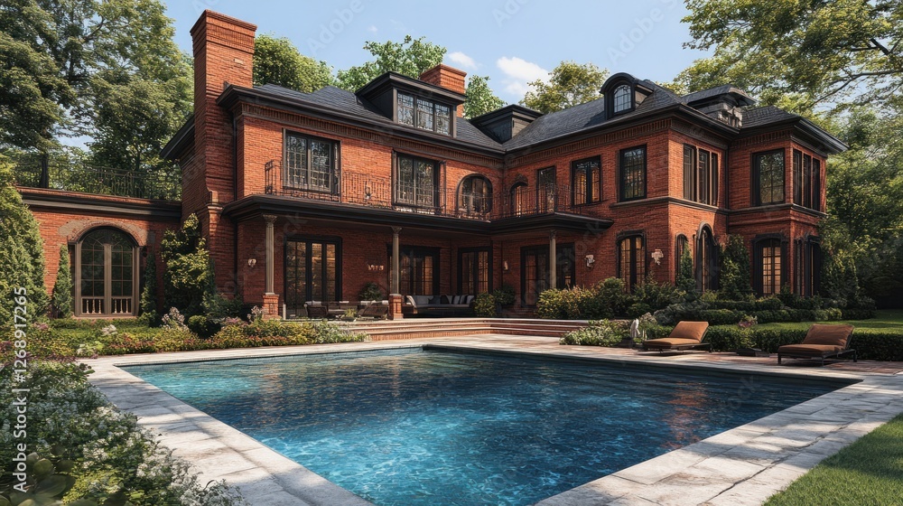 Fototapeta premium Luxurious brick mansion with a swimming pool and landscaped garden.