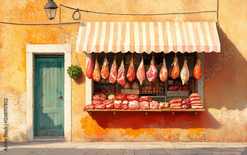 Oil painting of an artisanal butcher meat shop at fresh market. A charming butcher shop with hanging meats and a rustic facade, showcasing an inviting and colorful display in a quaint setting. photo