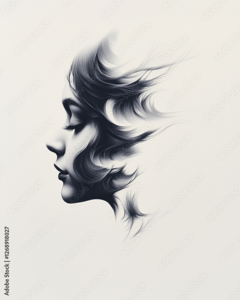 A half-length portrait, one side of her hair anchored behind the ear, the other side dramatically A half-length portrait, one side of her hair anchored behind the ear, the other side dramatically