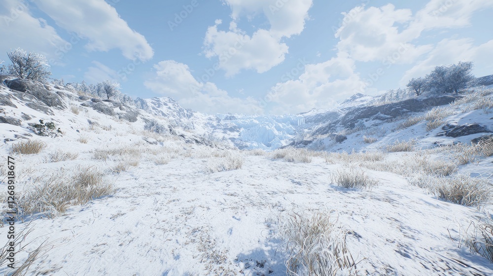 Fototapeta premium Snowy mountain valley vista, wide shot, serene, sunlight