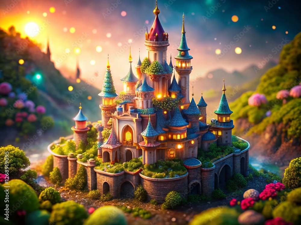 Fototapeta premium Enchanting Tiny Magical Castle with Shining Towers, Left Composition, Copy Space