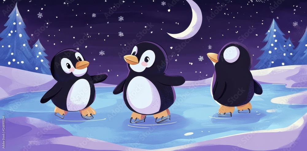 Fototapeta premium Three cartoon penguins are ice skating under a crescent moon