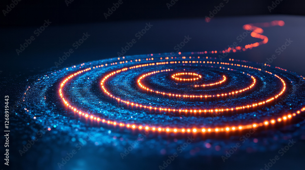 Fototapeta premium A cyber-inspired whirlwind effect: concentric neon-blue rings erupting in bright orange accents at