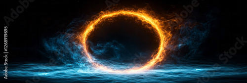 A circular rift in dark space from which neon arcs of blue and orange energy radiate outward in