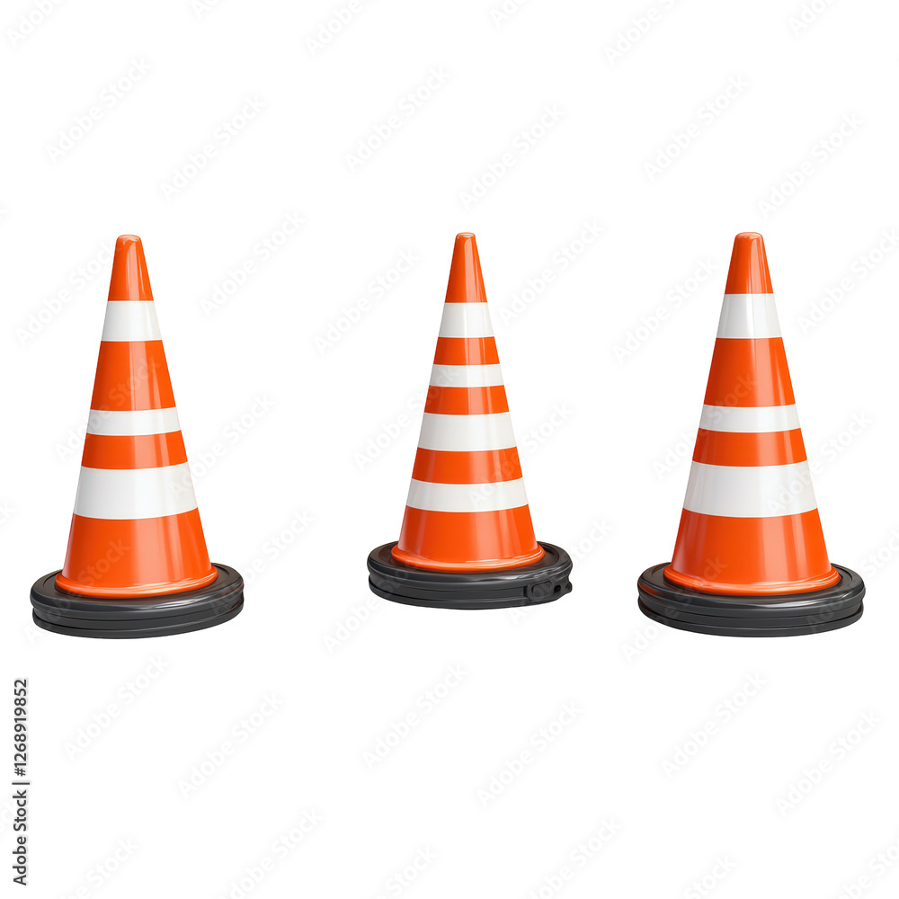 Isolated Three Striped Safety Cones on White Isolated Three Striped Safety Cones on White