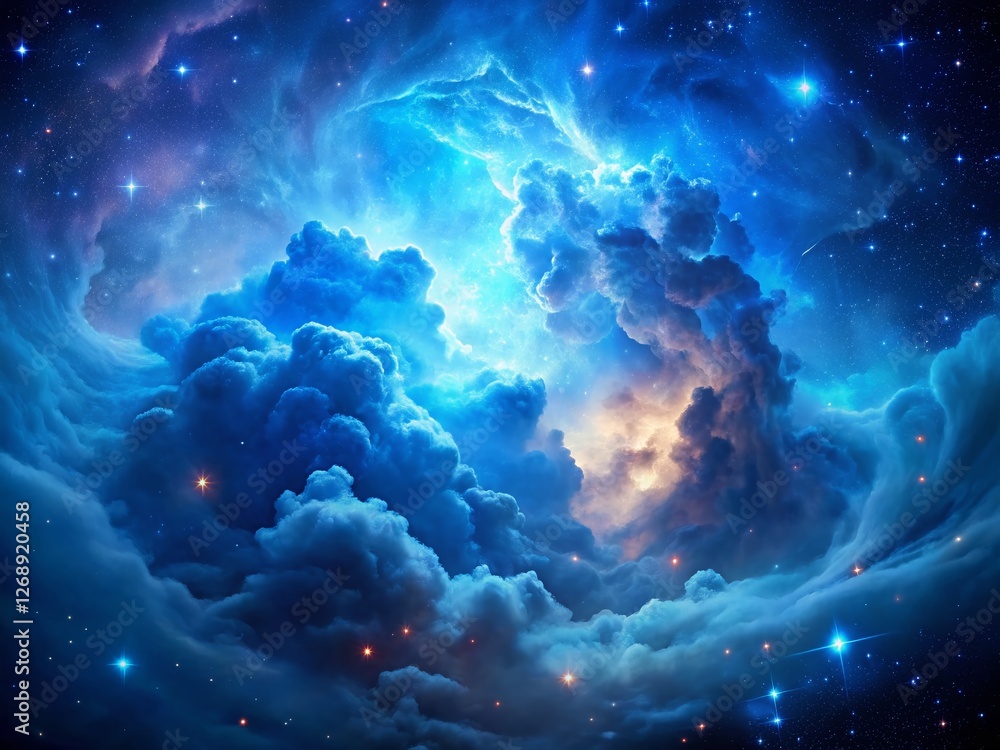 Ethereal Blue Nebula Cloud in Dark Starry Night Sky - Space Background Ethereal Blue Nebula Cloud in Dark Starry Night Sky - Space Background