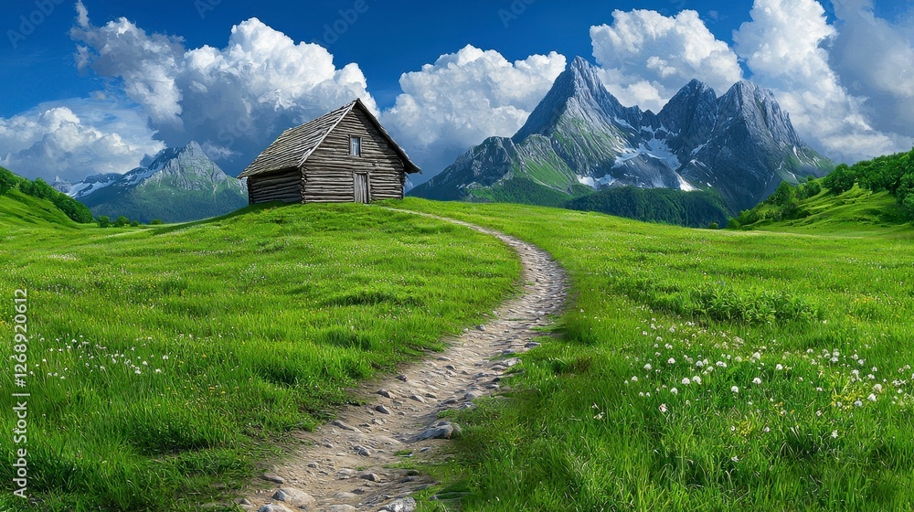 Small wooden cabin in a grassy field surrounded by agricultural landscape and natural scenery Small wooden cabin in a grassy field surrounded by agricultural landscape and natural scenery