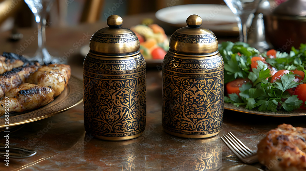 Gold Decorative Spice Jars On A Table With Food Gold Decorative Spice Jars On A Table With Food