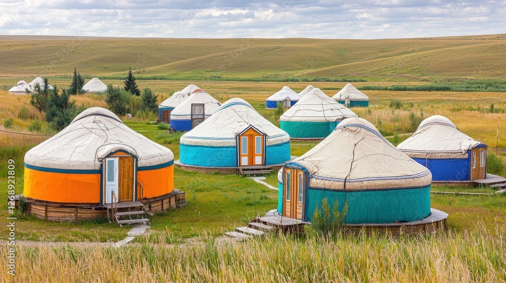 Colorful Yurts in a Grassy Plain Under Cloudy Sky Colorful Yurts in a Grassy Plain Under Cloudy Sky