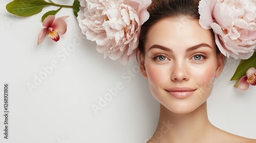 Fototapeta Naklejka Na Ścianę i Meble -  Radiant Beauty:  A woman with flawless skin and a serene smile  bathed in soft, natural light with delicate pink peonies and orchid blossoms around her.