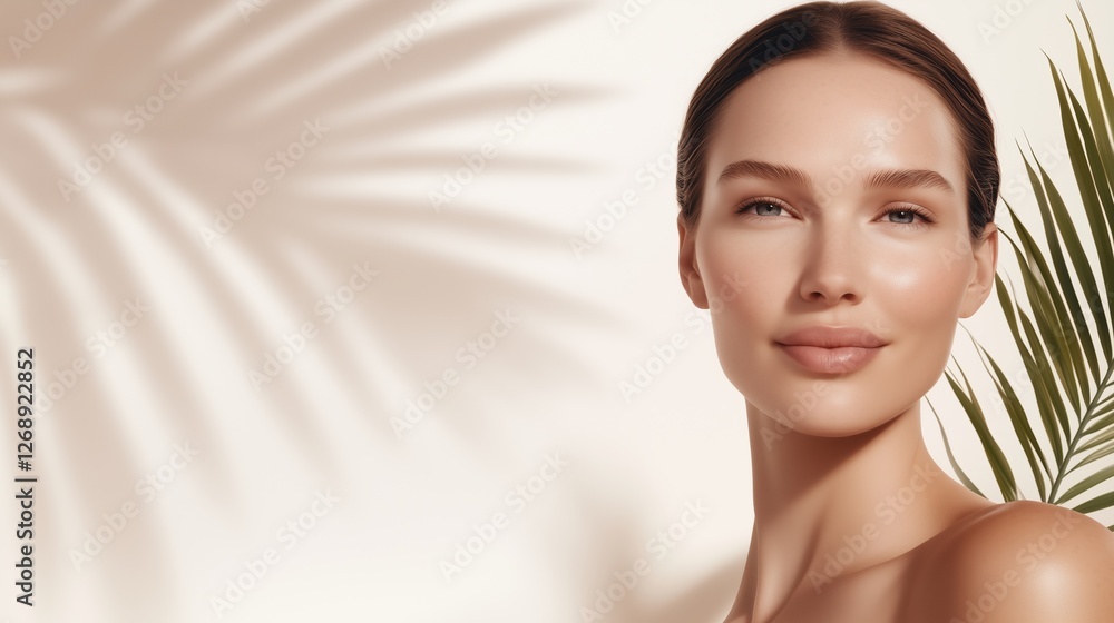 Naklejka premium Radiant Beauty: A close-up portrait of a woman with glowing, healthy skin, framed by the soft shadows of tropical palm leaves, evokes a sense of serenity and natural beauty. 