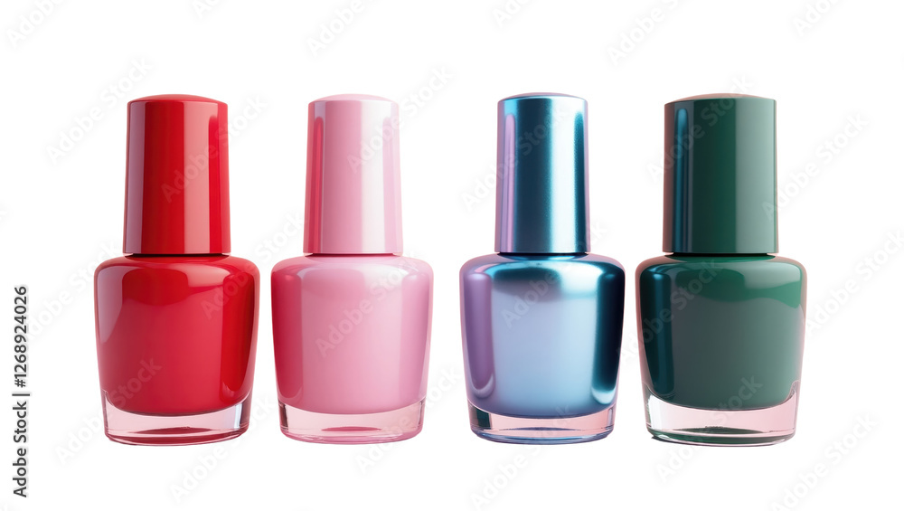 Four Vibrant Nail Polish Bottles in Red Pink Blue and Green Shades Four Vibrant Nail Polish Bottles in Red Pink Blue and Green Shades