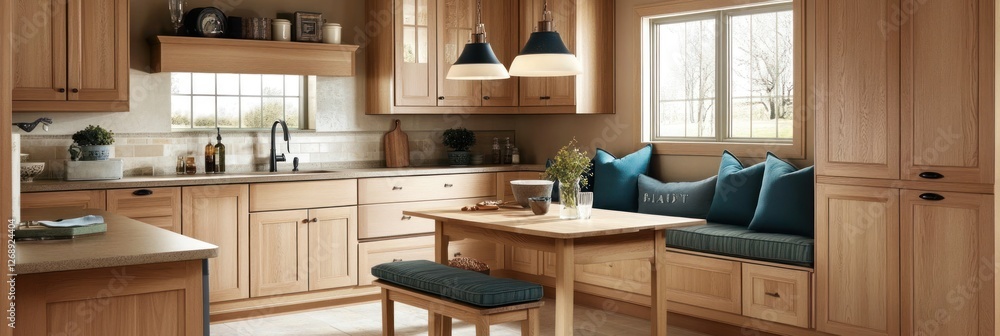 Light Oak Kitchenette With Built In Bench Seating Light Oak Kitchenette With Built In Bench Seating