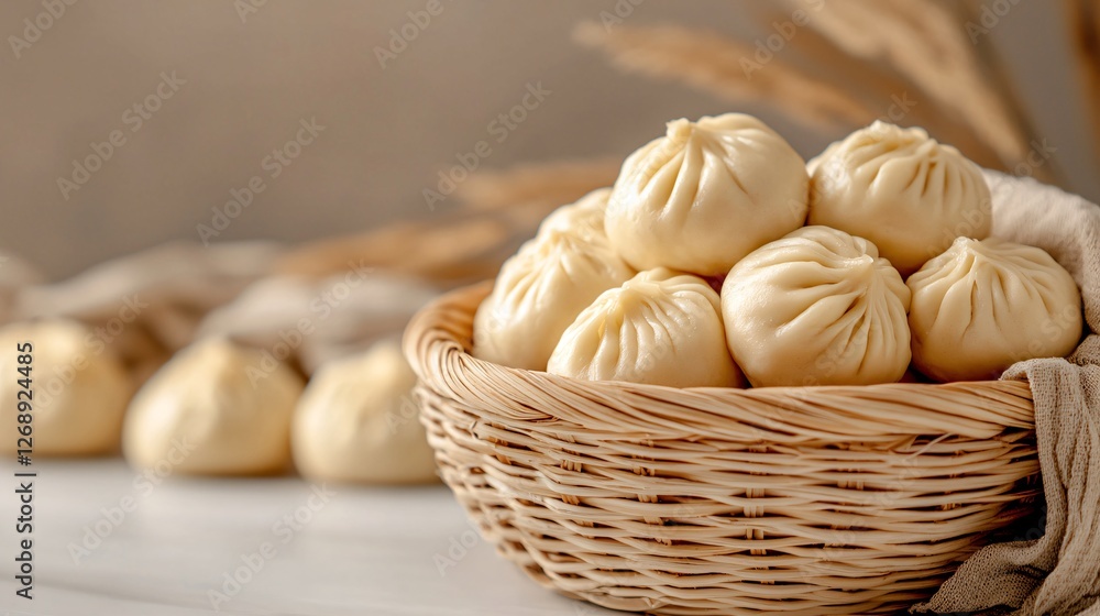 Steamed buns with rich filling in a warm anime-inspired atmosphere