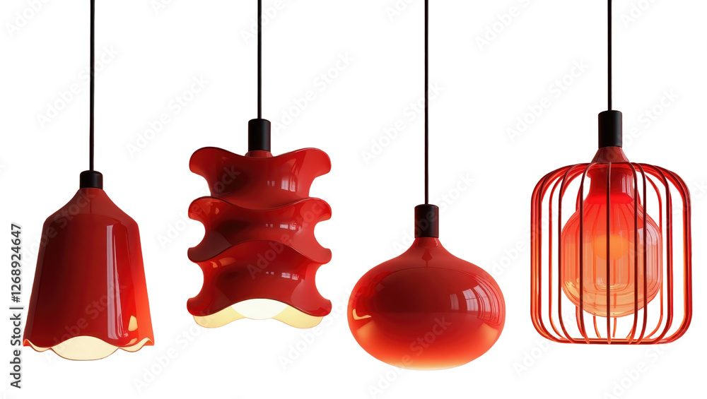 Naklejka premium Four Modern Red Pendant Lights Contemporary Home Lighting Fixtures Interior Design