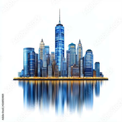 City skyline at night with illuminated skyscrapers and buildings reflected in calm water photo