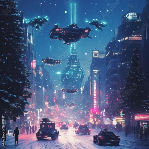 Futuristic city street with flying vehicles and falling snow photo