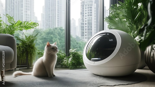 A sleek, modern self-cleaning litter box with a futuristic design and a round entrance. A British Shorthair cat sits nearby in a stylish, plant-filled apartment.