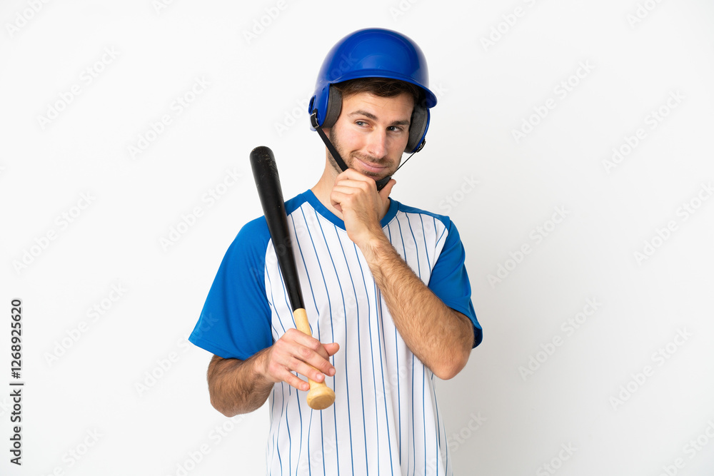 Young caucasian man playing baseball isolated on white background looking to the side and smiling Young caucasian man playing baseball isolated on white background looking to the side and smiling