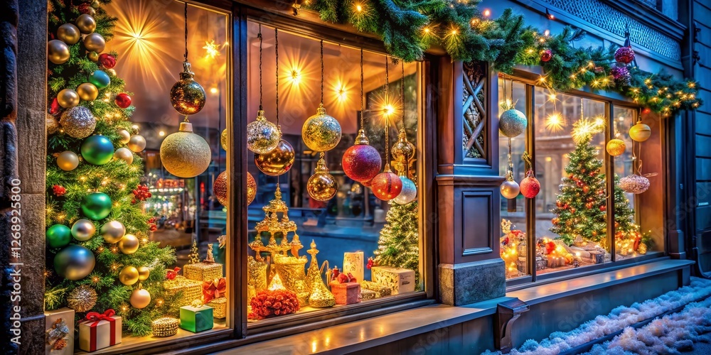 Fototapeta premium Festive Christmas Window Display: Sparkling Lights & Decorations