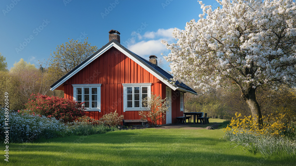 Obraz premium Springtime home surrounded by lush greenery and blooming trees, embodying serene natural beauty.