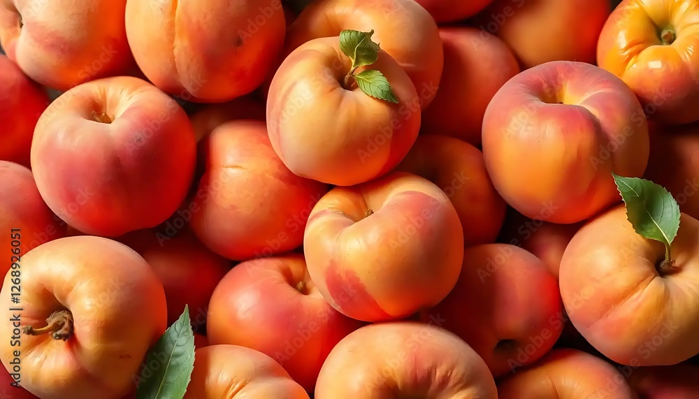 Abundance of fresh peaches with leaves on a pile Abundance of fresh peaches with leaves on a pile