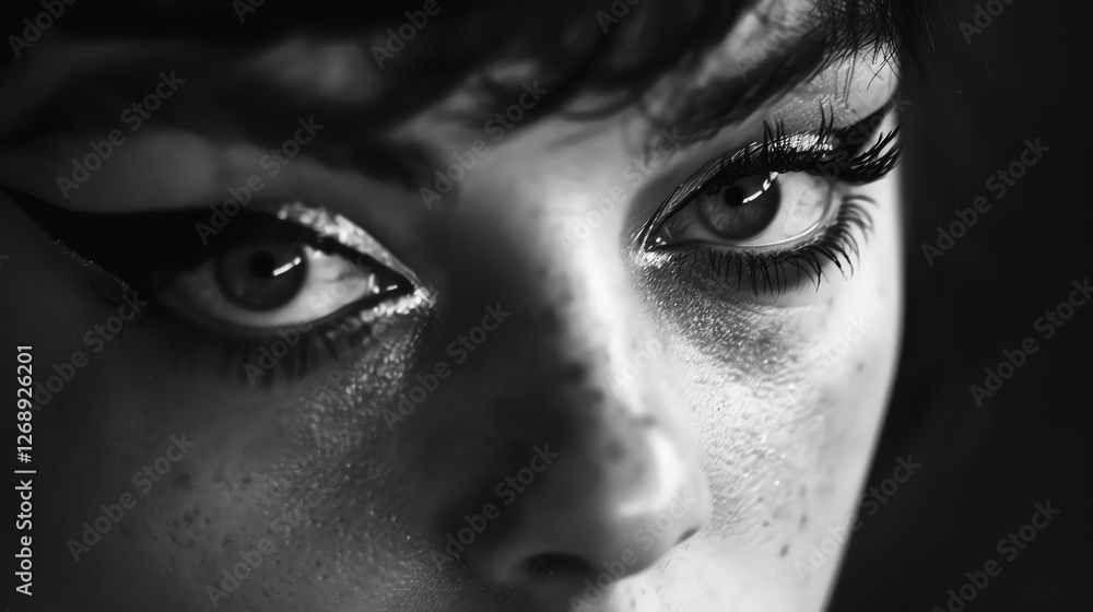Fototapeta premium A black and white portrait of a woman's face. She has dark hair and light eyes, and she is wearing a black eyeliner.