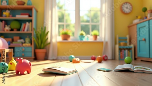 Parent discussion group, Nursery garden view storybooks playful toys learning aids.