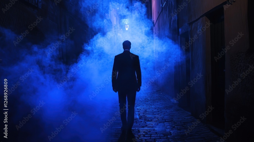 Man in suit walking down a mysterious, smoke-filled alley at night. Man in suit walking down a mysterious, smoke-filled alley at night.