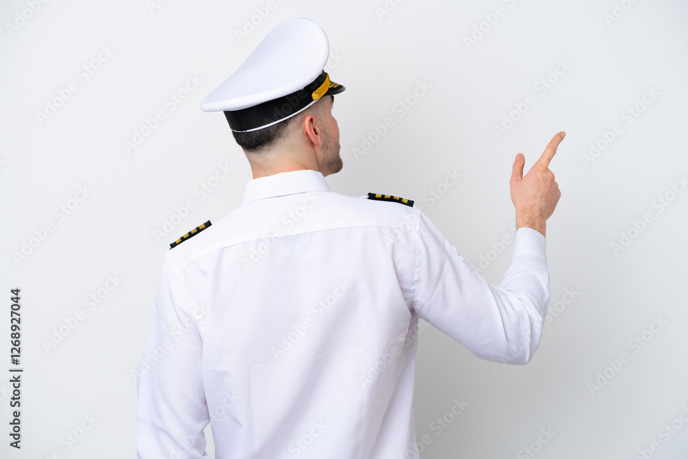 Airplane caucasian pilot isolated on white background pointing back with the index finger Airplane caucasian pilot isolated on white background pointing back with the index finger