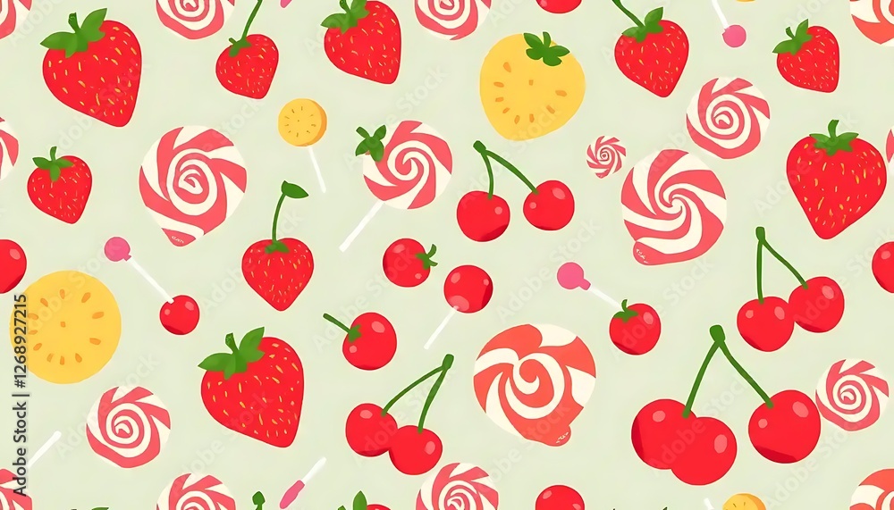 Pattern of sweets candies strawberries and cherries on light background Pattern of sweets candies strawberries and cherries on light background