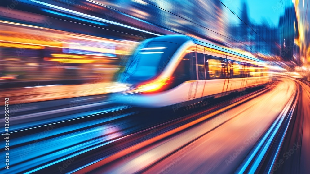 Fast-moving train on urban tracks during twilight, with blurred city light in the background Fast-moving train on urban tracks during twilight, with blurred city light in the background