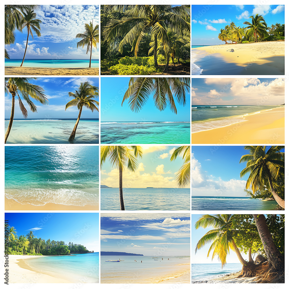 Obraz premium Stunning Tropical Beach Collage with Sunset, Palm Trees, and Crystal Clear Ocean – Ideal for Travel Blogs, Vacation Wallpapers, and Summer Inspiration, collage of tropical beach in thailand