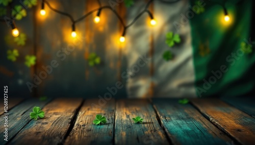 Rustic irish flag and shamrocks with string lights on wooden floor photo