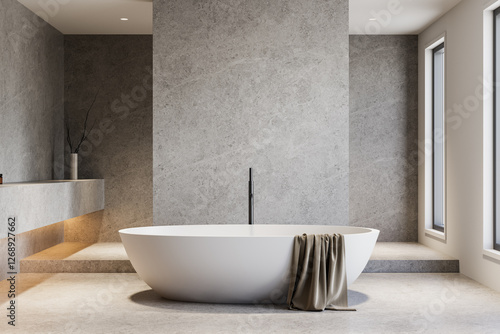 Minimalist bathroom interior with modern freestanding bathtub in gray stone setting. 3D Rendering