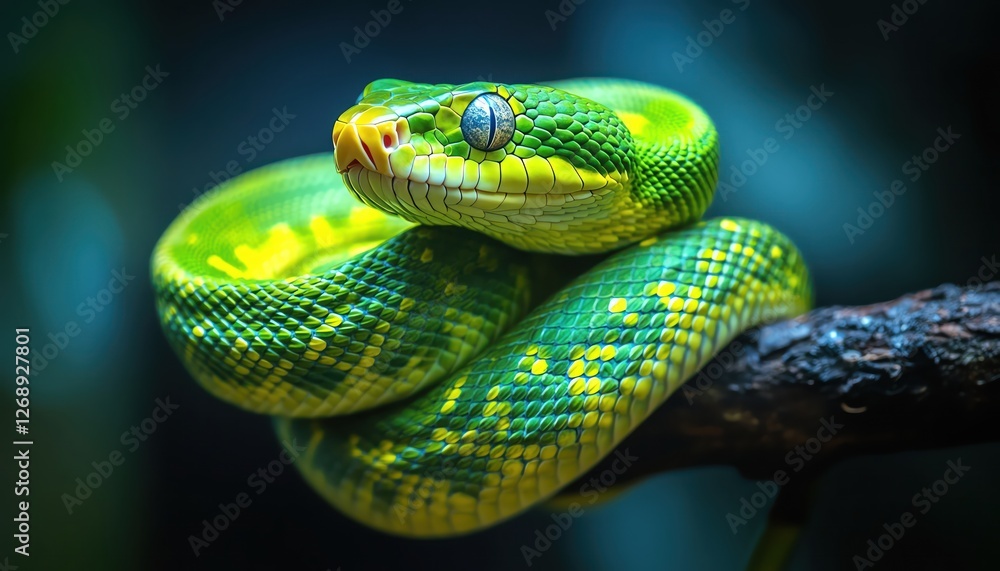 Bright green snake coiled on a branch, its vibrant scales standing out against a dark, blurred background