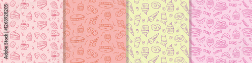 Hand drawn food doodles pattern set. Sketch style delivery cafe and restaurant background. Set vector doodle pattern of food, drink, dessert, for invitations, menus for confectionery. 