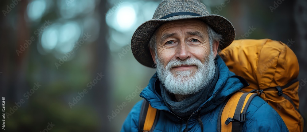 Elderly man with a beard wearing a hat and backpack, serene forest background, soft focus Elderly man with a beard wearing a hat and backpack, serene forest background, soft focus