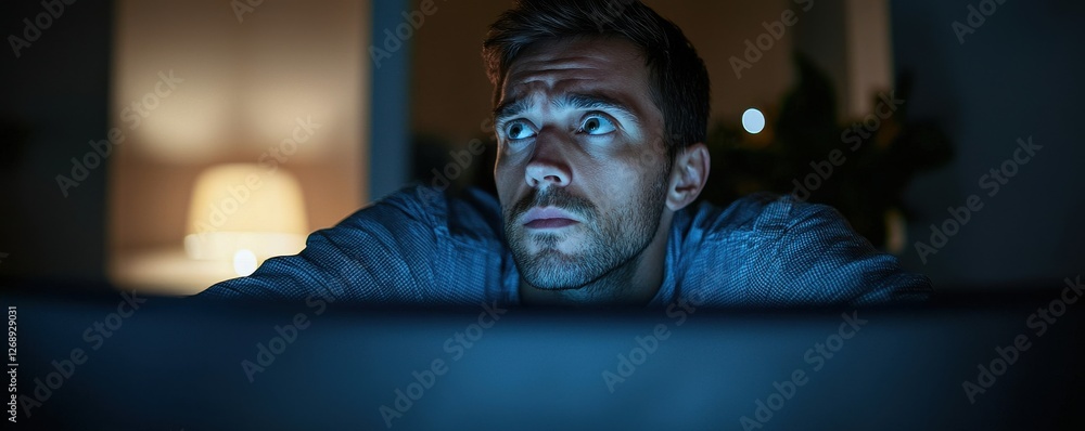 A man stares intently at a screen, illuminated by blue light, suggesting focus or concern in a dimly lit room.