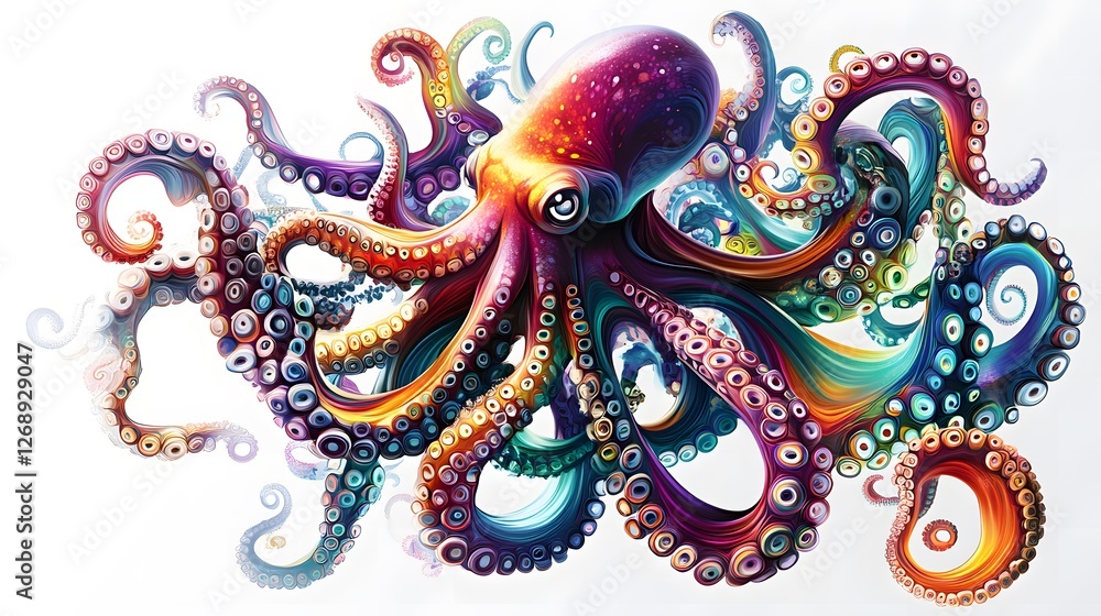 Obraz premium Vibrant Rainbow Octopus Psychedelic Cephalopod Ocean Life Art Underwater Surrealism