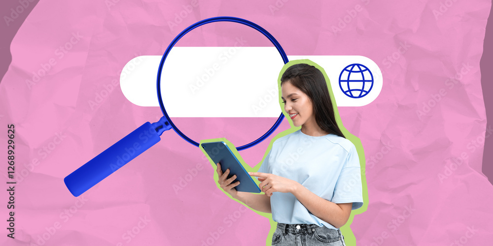 Fototapeta premium Woman interacting with a tablet near a magnifying glass and sear