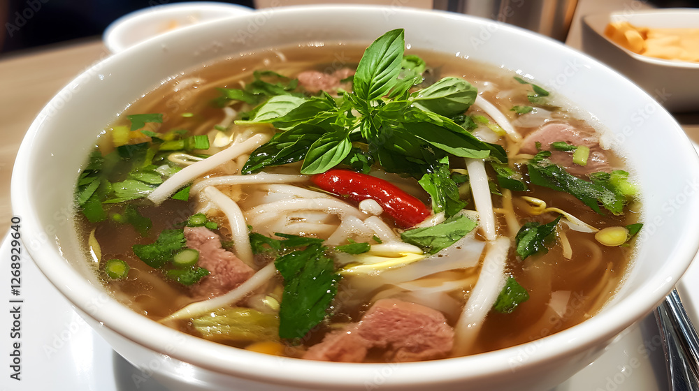 Delicious Bowl of Authentic Vietnamese Pho Soup with Fresh Herbs Delicious Bowl of Authentic Vietnamese Pho Soup with Fresh Herbs