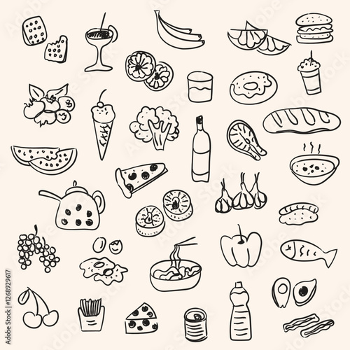 Hand drawn food doodles illustration set. Sketch style delivery cafe and restaurant icons. Set vector illustration doodles of food, drink, dessert, beverage for invitations, menus and parties. 