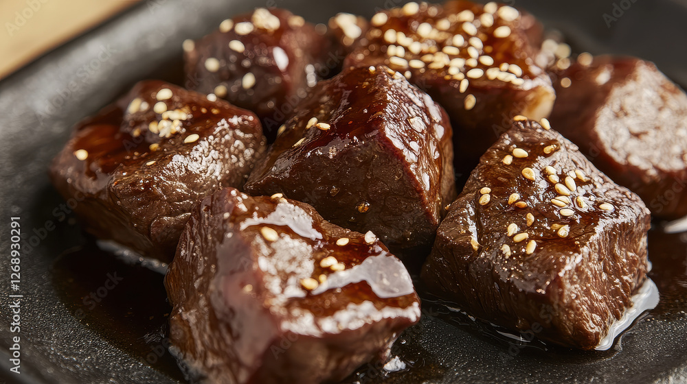 A sharp close-up of sizzling beef pieces glazed with rich sauce, sprinkled with sea salt and cracked pepper, minimalist pale beige background A sharp close-up of sizzling beef pieces glazed with rich sauce, sprinkled with sea salt and cracked pepper, minimalist pale beige background