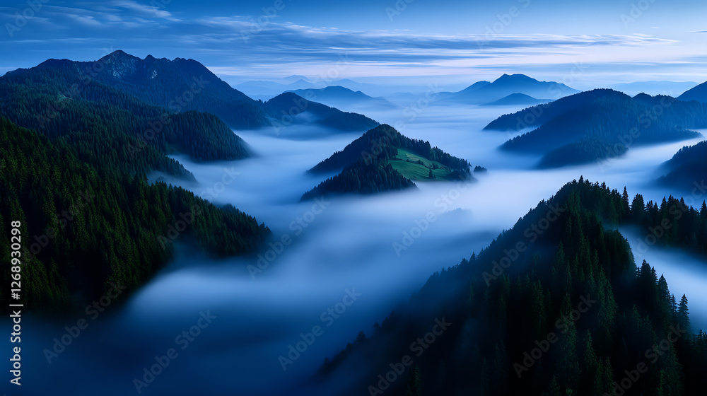 A serene landscape showcasing rolling hills enveloped in morning mist A serene landscape showcasing rolling hills enveloped in morning mist