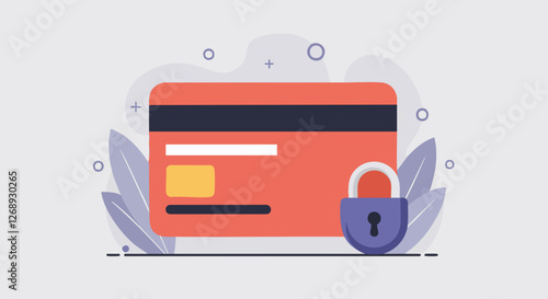 Illustrated credit card with a padlock symbolizes secure online transactions and financial protection.