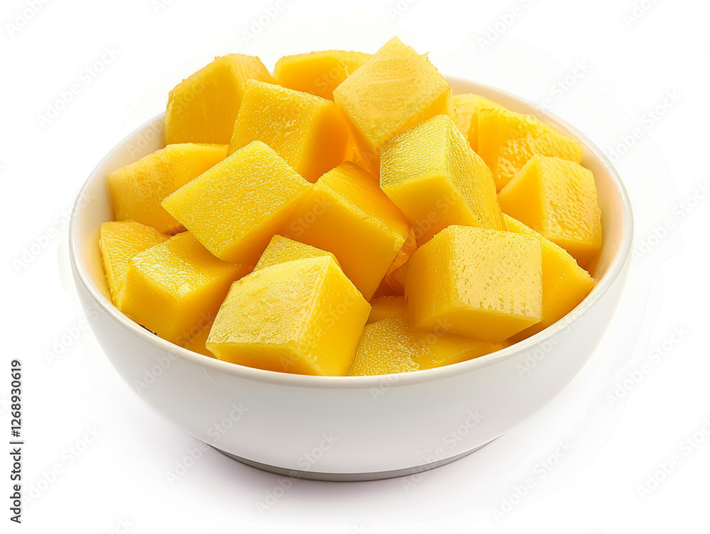 White bowl filled with diced mangos fruit, on a white background. White bowl filled with diced mangos fruit, on a white background.