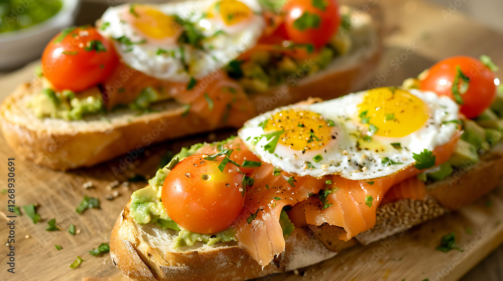 Avocado wedges on a baguette with extras like salted salmon tomato slices and fried eggs Avocado wedges on a baguette with extras like salted salmon tomato slices and fried eggs