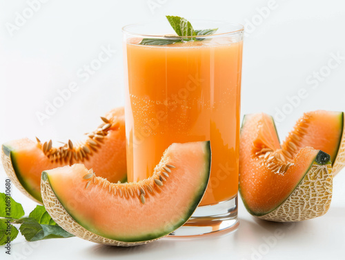 Refreshing cantaloupe juice in a glass with melon slices and mint leaves.