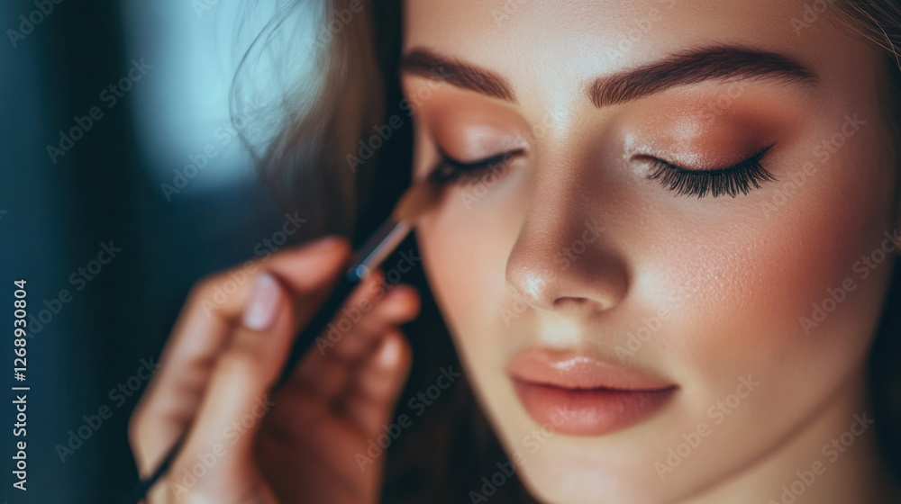 Close-Up of a Young Woman Receiving Makeup Application with Soft Lighting and Natural Beauty Highlighted by Makeup Artist's Touch and Intricate Brushwork Close-Up of a Young Woman Receiving Makeup Application with Soft Lighting and Natural Beauty Highlighted by Makeup Artist's Touch and Intricate Brushwork